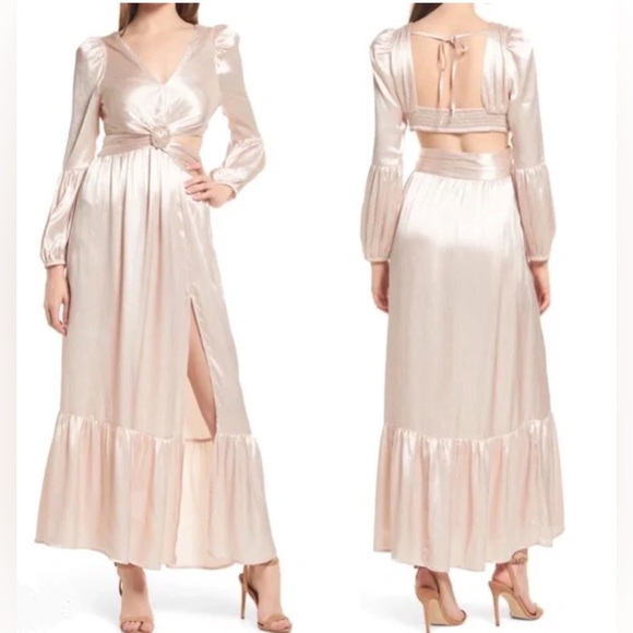 Rahi Leila Luster Long Sleeve Maxi Dress in Blush | Crossover Front | Open Back - Picture 1 of 12